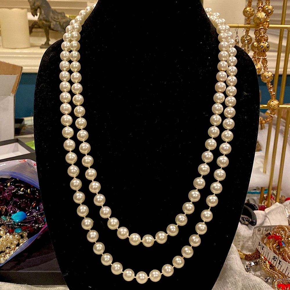 Flapper Length Faux Pearls. Spring Ring Clasp. Acrylic